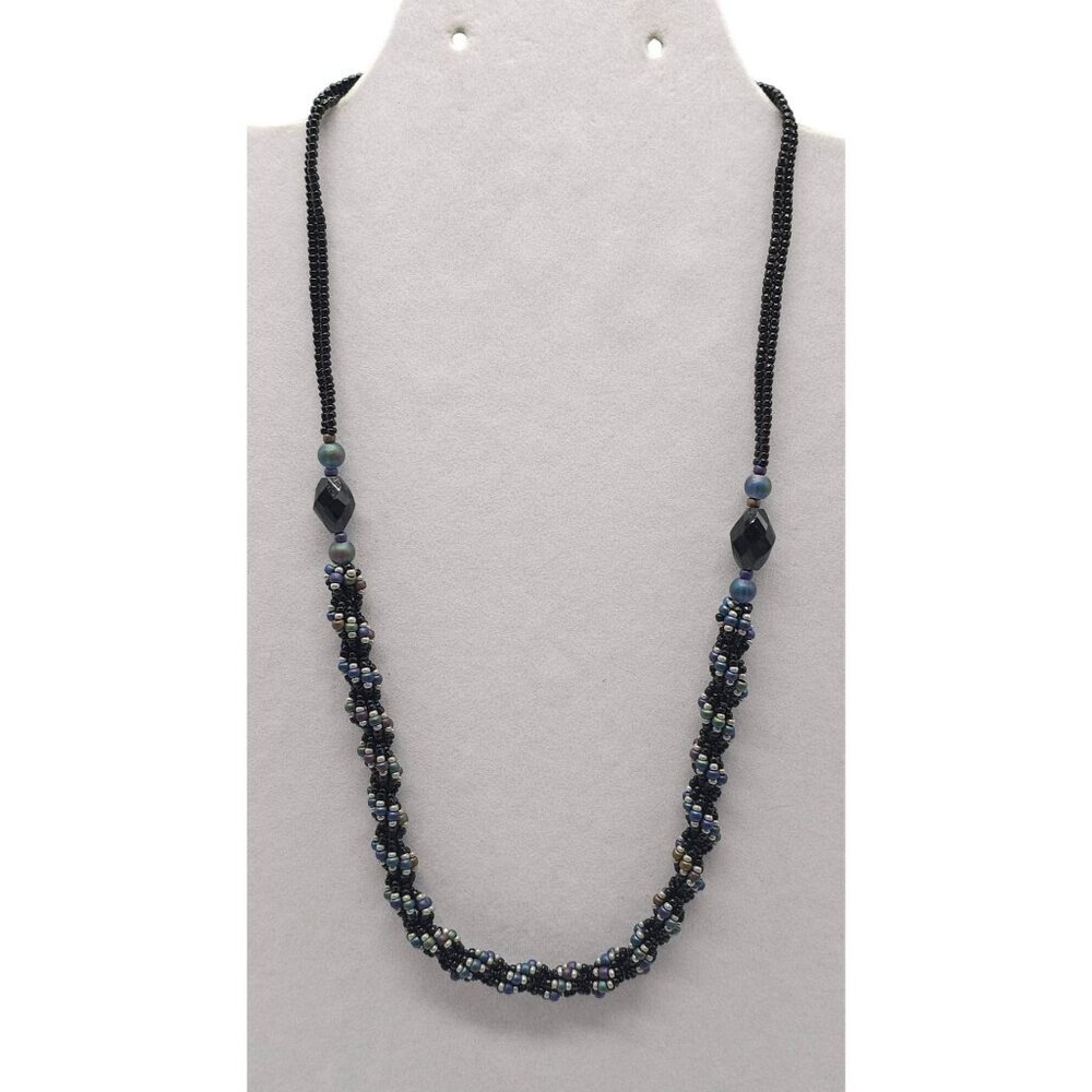 Handcrafted Black Beaded Necklace With Iridescent Accents Spiral Design